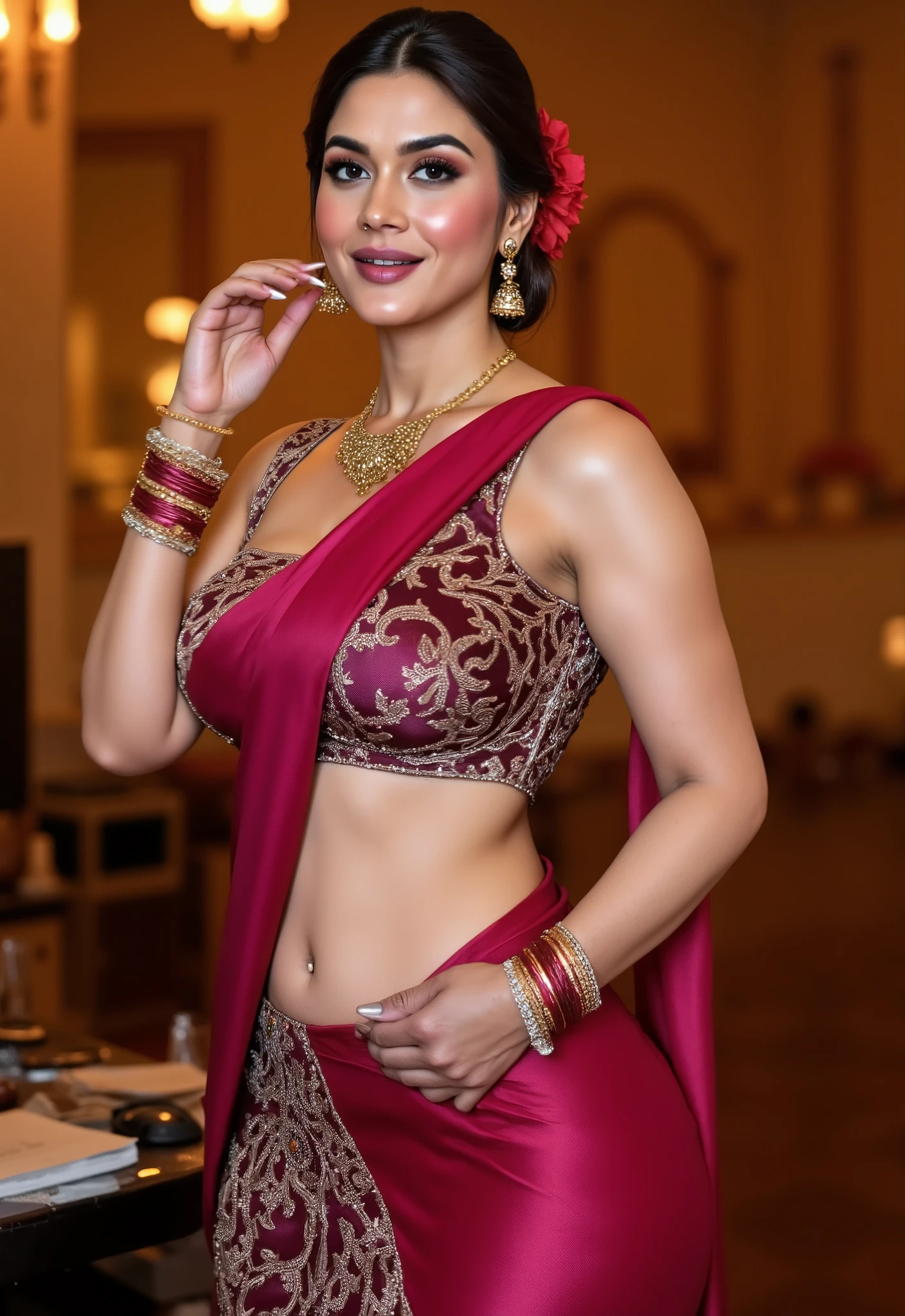 The scene unfolds in a grand, opulent study room with warm, soft lighting, casting a sensual glow over the interior. The South Asian woman, standing tall and confident, is the center of attention. She wears a luxurious pink dark sari, the fabric rich and flowing with intricate gold embroidery that highlights her curvy, hourglass figure. The sari drapes elegantly over her body, with the deep maroon color contrasting beautifully against her smooth skin. Her large breasts and wide hips are accentuated by the form-fitting fabric, making her silhouette both bold and seductive.
Her heavy gold jewelry—an elaborate necklace, multiple bangles on her wrists, and a delicate nose ring—gleams brightly, adding to her regal and commanding presence. Her updo hairstyle is adorned with a red flower,gray hair,while a gold hairpin catches the light, framing her face and drawing attention to her flawless features. The bold smokey eyeshadow and long curled lashes amplify the intensity of her seductive gaze, which locks onto the 25yo boy beside her. Her full lips, painted in a deep, rich shade, slightly curl upward in a subtle but provocative smile, enhancing her aura of control and allure.
The boy dressed in a black shorts only contrasts with the warm tones of the room, stands close to her. His posture is tense, his hand gently resting on her shoulder, his expression one of hesitation, fascination, and perhaps a bit of uncertainty. His gaze is drawn to her, captivated by her beauty and the power she exudes, yet unsure of what, side pose of woman