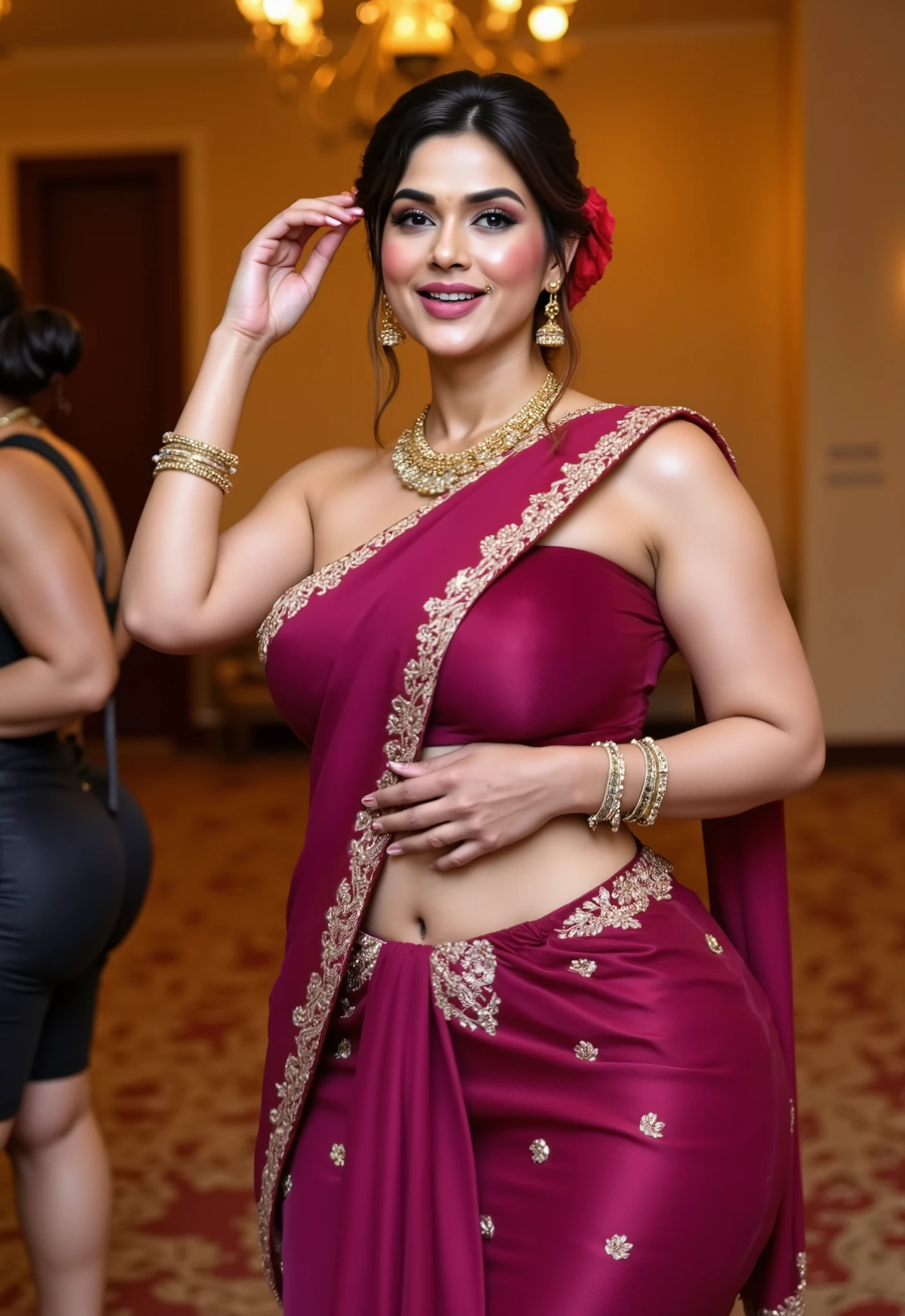 The scene unfolds in a grand, opulent study room with warm, soft lighting, casting a sensual glow over the interior. The South Asian woman, standing tall and confident, is the center of attention. She wears a luxurious pink dark sari, the fabric rich and flowing with intricate gold embroidery that highlights her curvy, hourglass figure. The sari drapes elegantly over her body, with the deep maroon color contrasting beautifully against her smooth skin. Her large breasts and wide hips are accentuated by the form-fitting fabric, making her silhouette both bold and seductive.
Her heavy gold jewelry—an elaborate necklace, multiple bangles on her wrists, and a delicate nose ring—gleams brightly, adding to her regal and commanding presence. Her updo hairstyle is adorned with a red flower,gray hair,while a gold hairpin catches the light, framing her face and drawing attention to her flawless features. The bold smokey eyeshadow and long curled lashes amplify the intensity of her seductive gaze, which locks onto the 25yo boy beside her. Her full lips, painted in a deep, rich shade, slightly curl upward in a subtle but provocative smile, enhancing her aura of control and allure.
The boy dressed in a black shorts only contrasts with the warm tones of the room, stands close to her. His posture is tense, his hand gently resting on her shoulder, his expression one of hesitation, fascination, and perhaps a bit of uncertainty. His gaze is drawn to her, captivated by her beauty and the power she exudes, yet unsure of what, side pose of woman