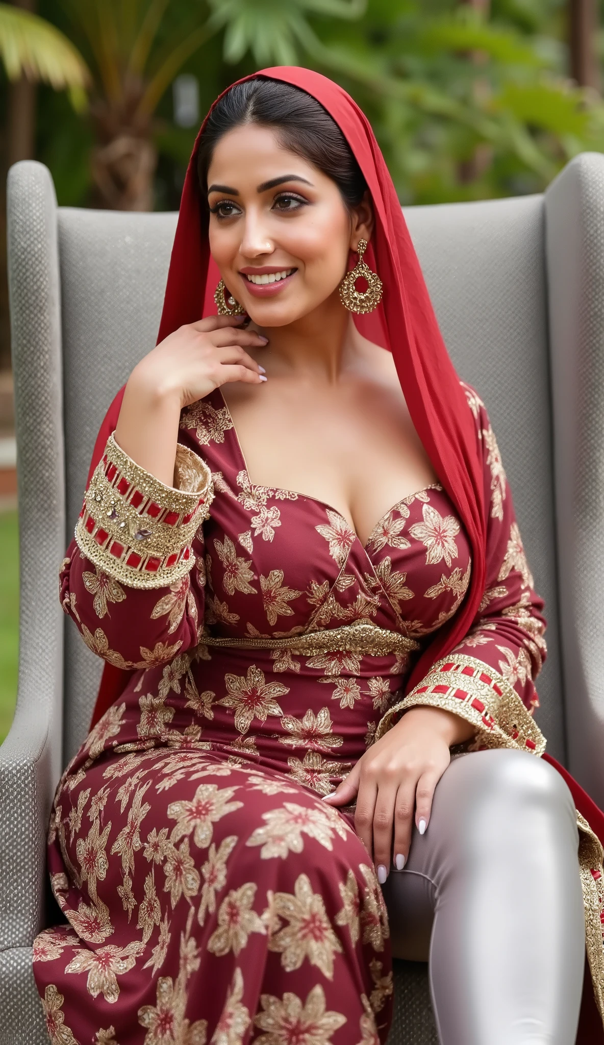 I am 50 year old plus size tall and big giant indian muslim women, looking like indian actress hansika motwani, wearing a maroon and golden boarded colour indian printed Sleevless knee length kurti and shining reflective glossy silver leggings and red hijab,white-skin,white skin tone, beautiful face, red lips, clean skin, celebrity face, thick leggs, round ass,bulging ass,huge breast,scooping D cup Breast,long polished nails,6 inch gold and red mix stileto heels,women sitting on a backless chair,side view only in garden,women have huge bulging ass, happy face,looking the viewer,realistic photo