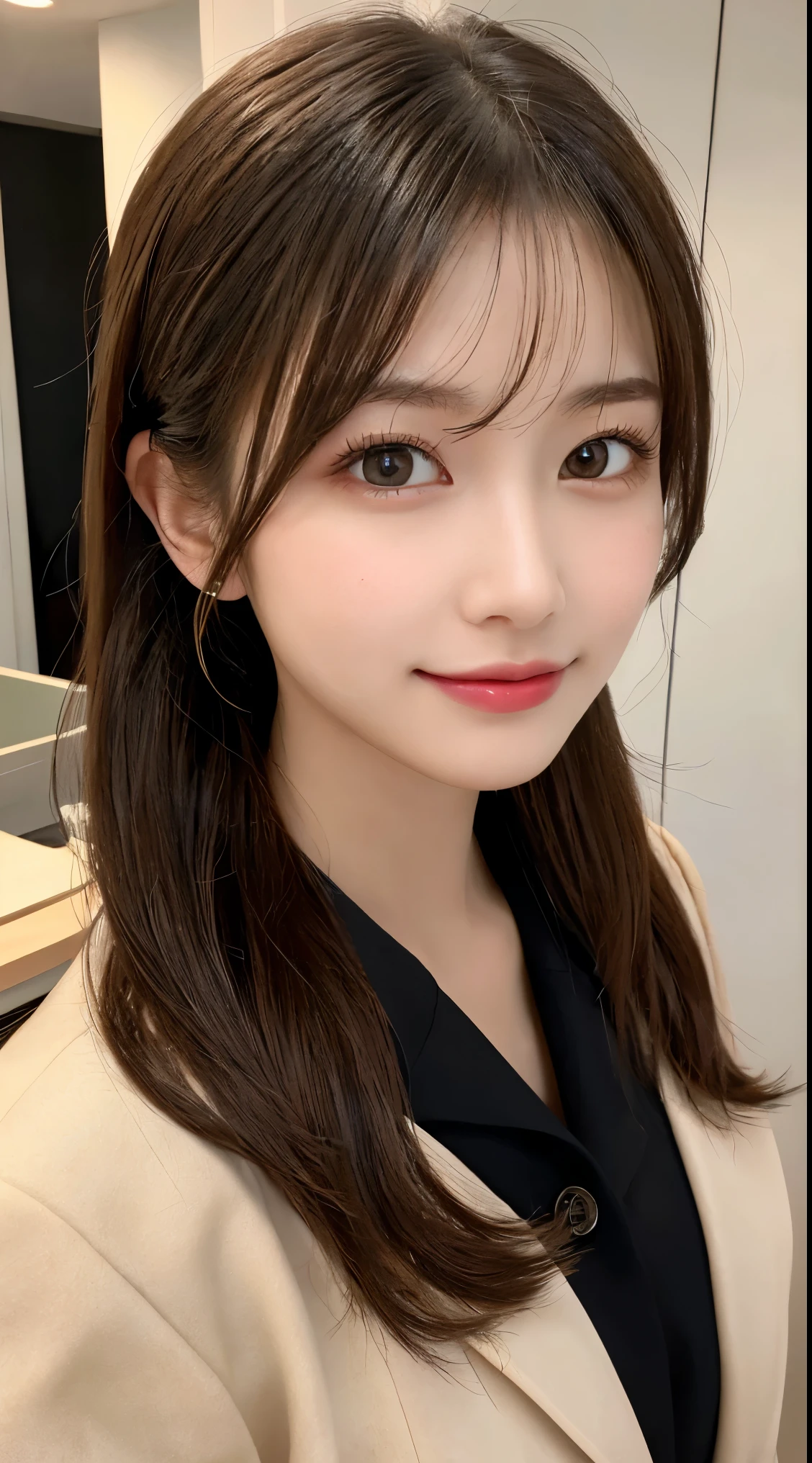 masutepiece, Best Quality, Illustration, Ultra-detailed, finely detail, hight resolution, 8K Wallpaper, Perfect dynamic composition, Beautiful detailed eyes, white fluffy outerwear,Medium Hair,small tits,Natural Color Lip, Bold sexy poses,Smile,Luxury Mansion(a room)、20 years girl、Cute、sexy look at the camera,Perfect and beautiful face,Take close-up photos of your face,Bring your face close to the camera and take a photo,Blur the background
