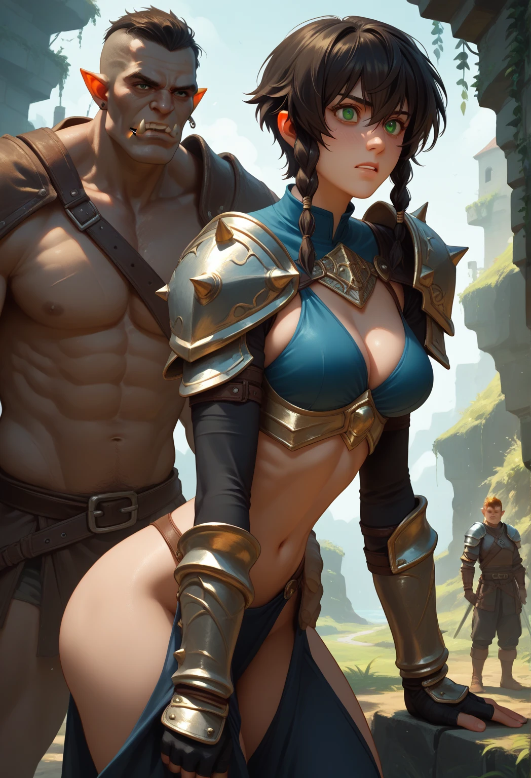 a strong and svelte human woman of about 23 years of age with black skin and with face resembling Motoko Kusanagi with a short assymetric hair cut with a small braid on a side and green eyes, wearing a light golden and blue chest thin plate armor with clothing pieces like tight trouser, a longsword in her hand, slightly above average sized breasts and ass, exploring an orc dungeon, sneaking, (((correct anatomy)))