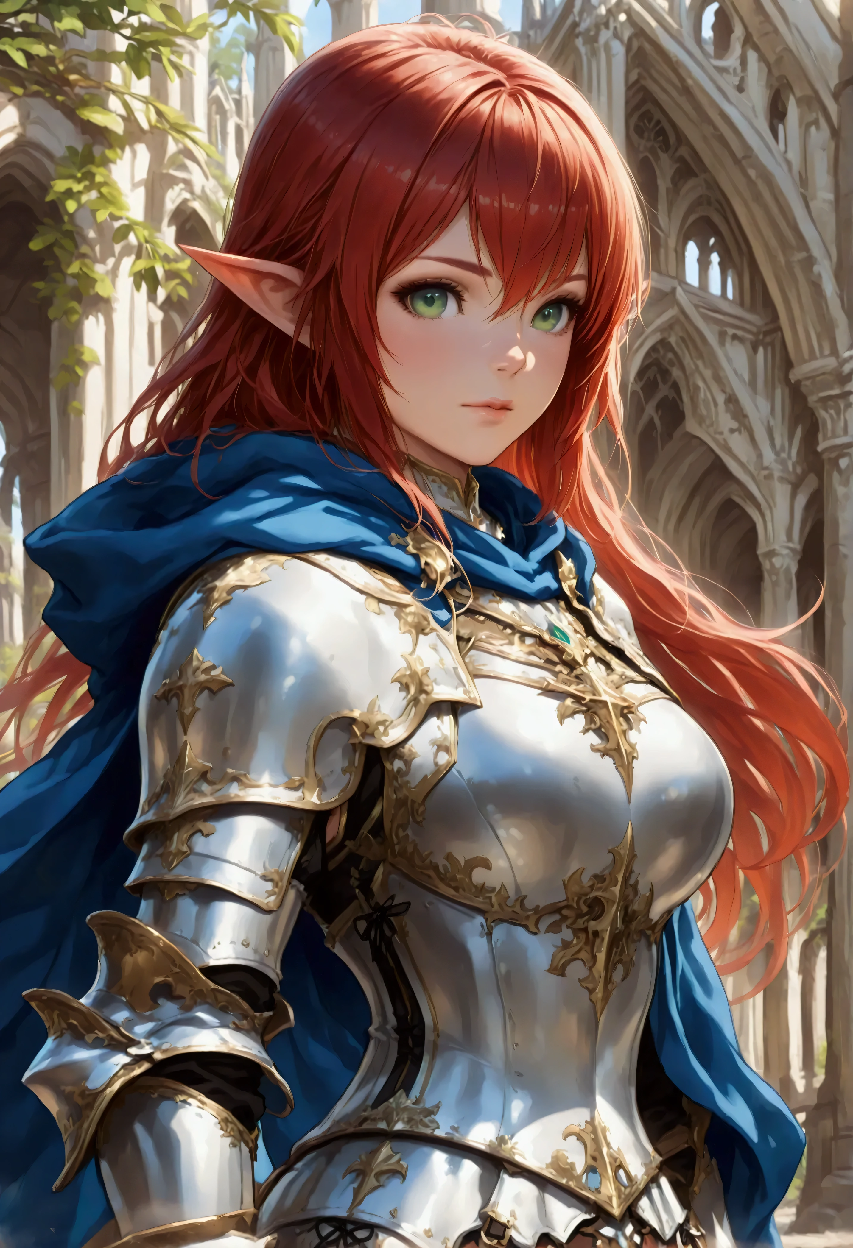 concept art, wide shot, (masterpiece:1.3), full body intense details, highly detailed, photorealistic, best quality, highres, portrait of a dwarf female (fantasy art, Masterpiece, best quality) , intense details facial details, (fantasy art, Masterpiece, best quality)cleric, with a long red hair, intense green eyes, (fantasy art, Masterpiece, best quality), wearing heavy white half plate mail armor, wearing high heeled laced boots, wearing a blue cloak within fantasy temple background, Cinematic Shot