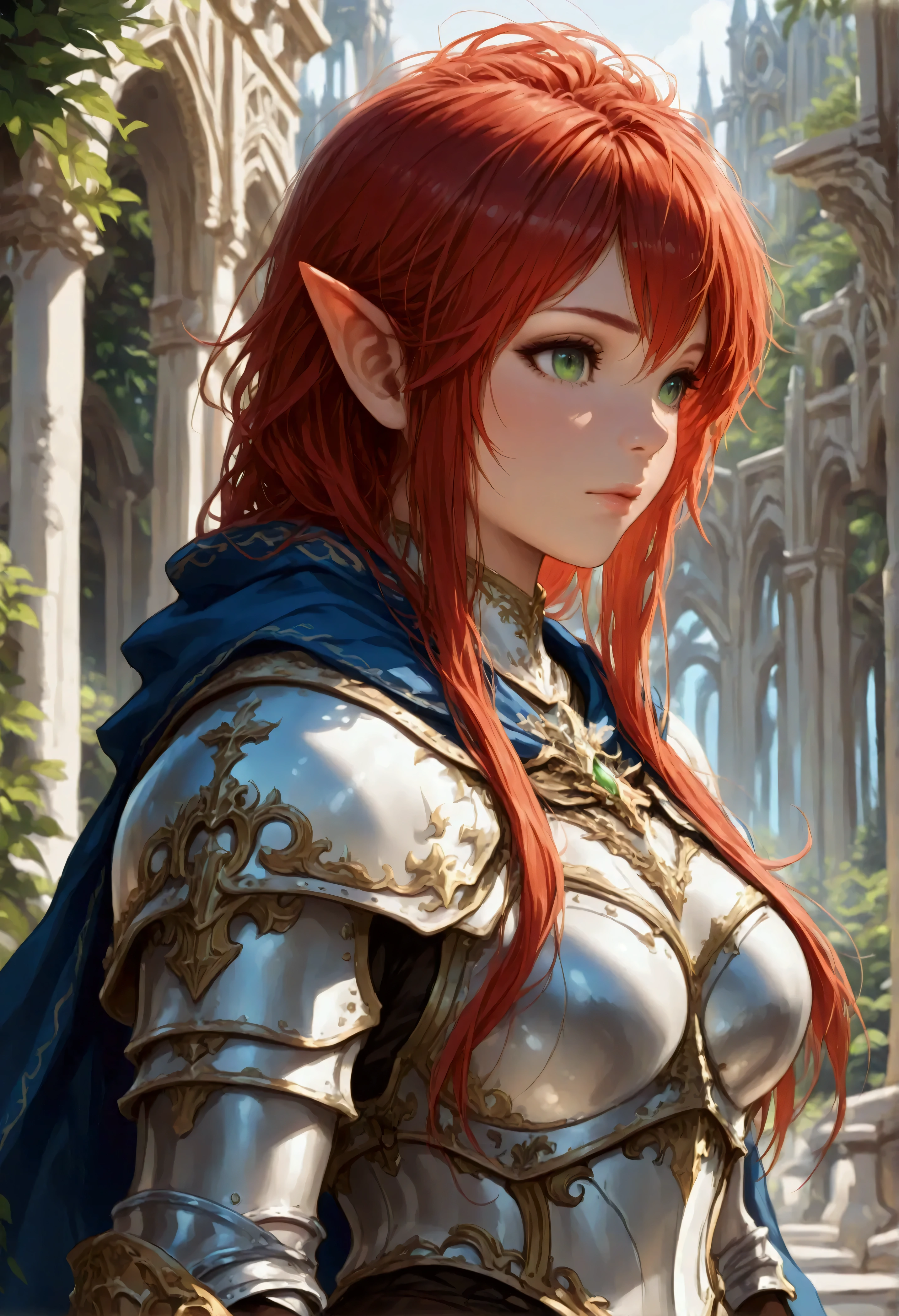 concept art, wide shot, (masterpiece:1.3), full body intense details, highly detailed, photorealistic, best quality, highres, portrait of a dwarf female (fantasy art, Masterpiece, best quality) , intense details facial details, (fantasy art, Masterpiece, best quality)cleric, with a long red hair, intense green eyes, (fantasy art, Masterpiece, best quality), wearing heavy white half plate mail armor, wearing high heeled laced boots, wearing a blue cloak within fantasy temple background, Cinematic Shot