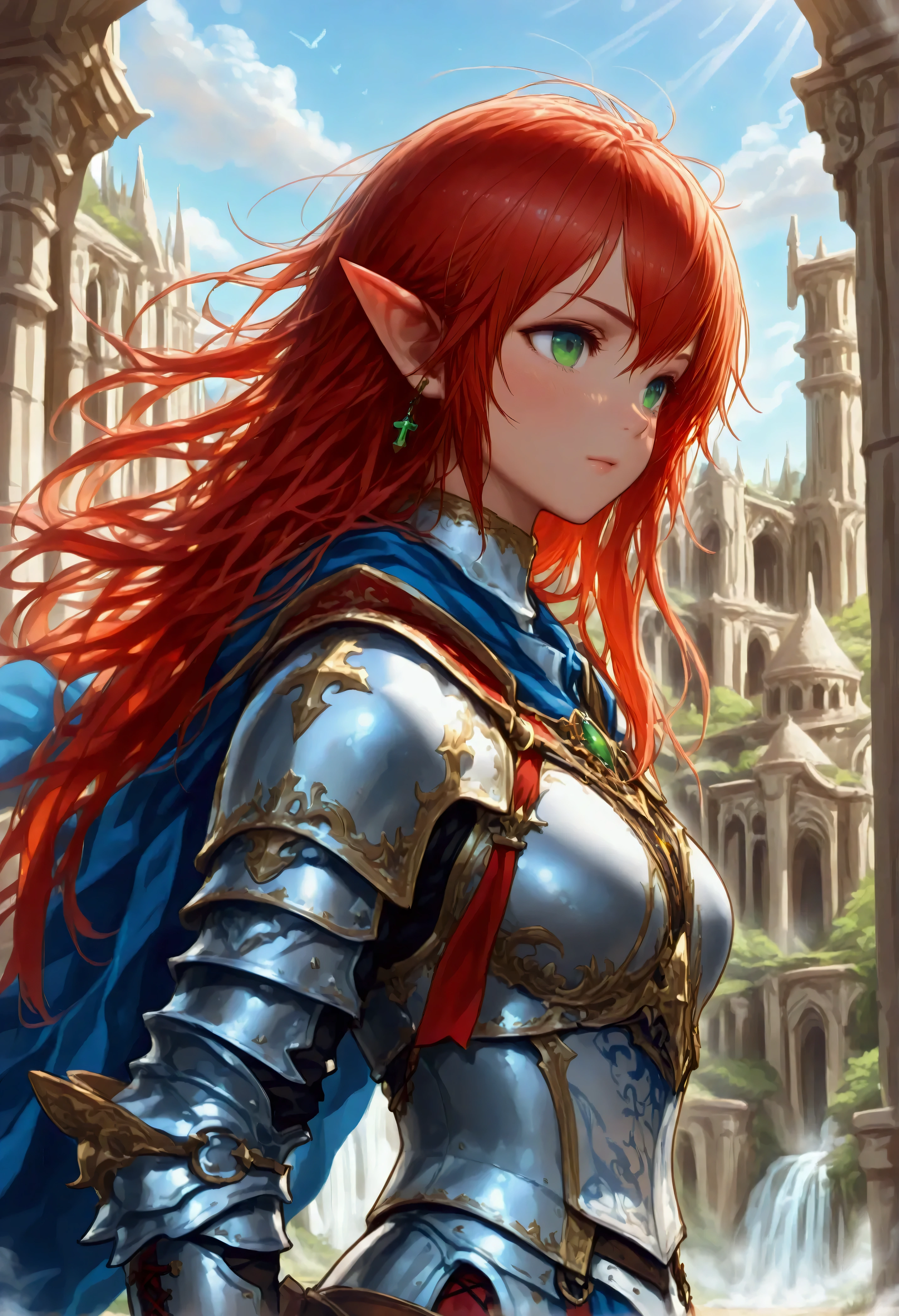 concept art, wide shot, (masterpiece:1.3), full body intense details, highly detailed, photorealistic, best quality, highres, portrait of a dwarf female (fantasy art, Masterpiece, best quality) , intense details facial details, (fantasy art, Masterpiece, best quality)cleric, with a long red hair, intense green eyes, (fantasy art, Masterpiece, best quality), wearing heavy white half plate mail armor, wearing high heeled laced boots, wearing a blue cloak within fantasy temple background, Cinematic Shot