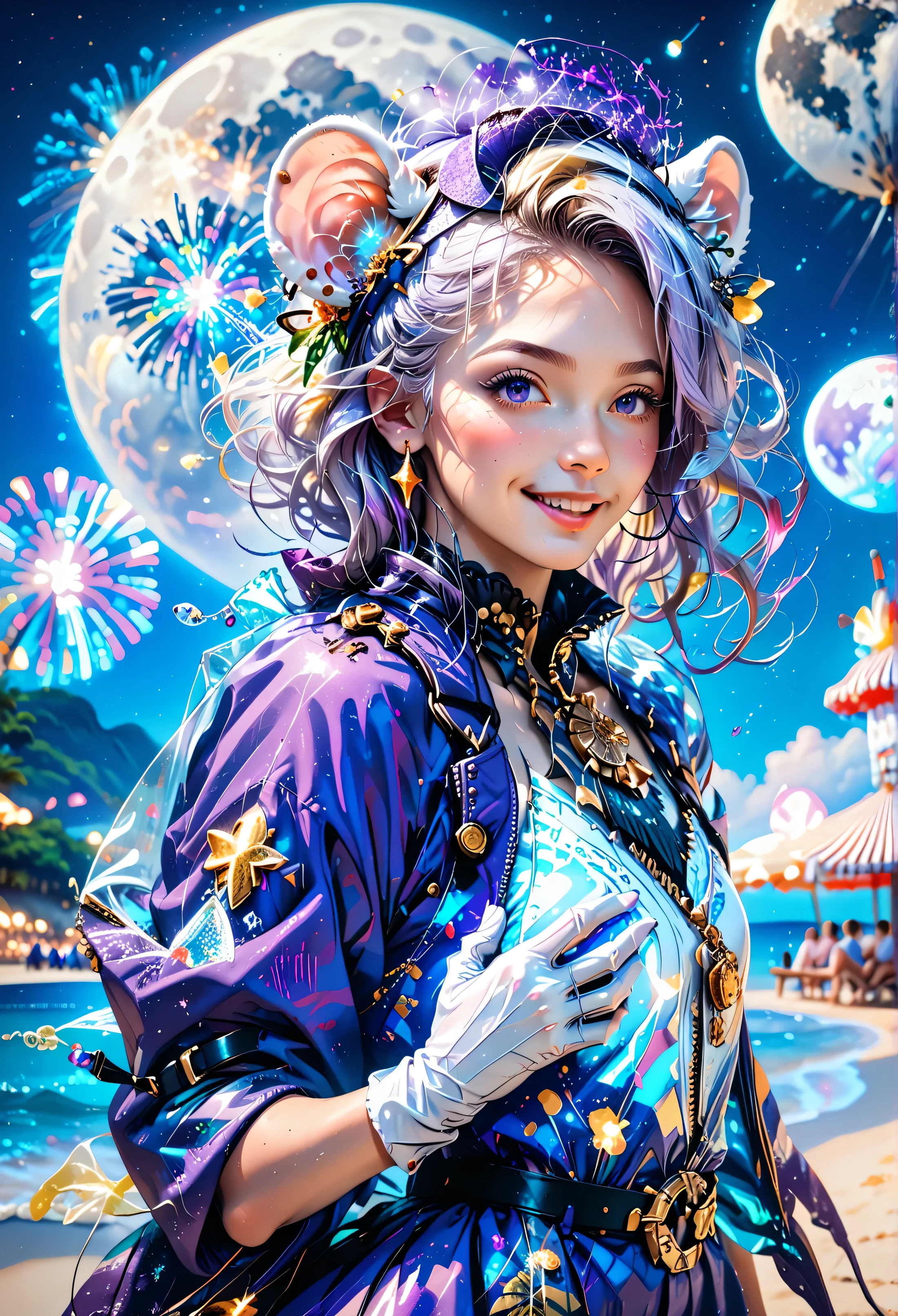 masterpiece, Best quality, mouse-heron, purple hat, hairclip, green ribbon, purple jacket, White gloves, belt, purple miniskirt, upper body, blushing, smile, I look at the viewer, beach, night, moon, fireworks, Hands to chest