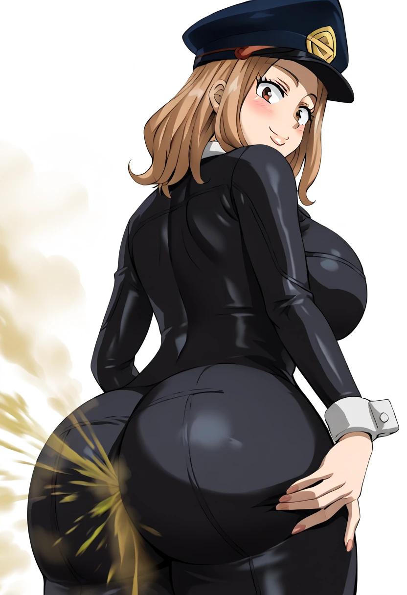 cowboy shot, solo, showing ass, [[[((thicc))]]], 1ponygirl, 4k, perfect lighting, extreme detail, detailed, sexy, anime girl, fat ass, tall female, blank white background, ((from behind)), ass, huge breasts, (((1girl))), (((solo))), (((curvy))), blushing, smirking, 1girl, source_anime,
c4mie utsush1mi, brown hair, medium hair, brown eyes
peaked cap, black bodysuit, wrist cuffs, holding up ass cheeks with both hands (view from below), ((((rancid huge brown fart from ass))))