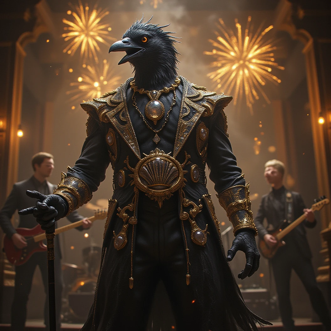 Muscular Anthropomorphic raven donned in a black and gold suit made of diamonds. Lead singer of the band at a high end jazz club, with the emblem of a diamond-made clam that reads "The Pearl". Sings in to the microphone while the band plays. The band, set up on the open air patio stage behind the club. Golden fireworks burst in the air behind the band spelling "Happy New Year MAB". Dynamic jazz band scene, dynamic pose, High Resolution, Masterpiece, Cinematic, Character Design, Hyperdetailed, Cinematography,  cinematic lighting, Depth Of Field, Sparkle, Ray Tracing, Image Fill