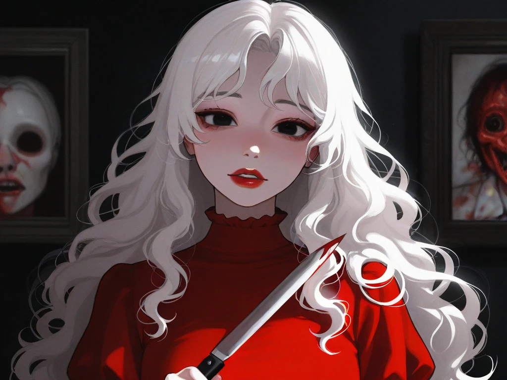 oc, Homicipher, female, semi realism, white sking, red lips, white long wavy hair, dark eyes, red dress, horror, knife, blood