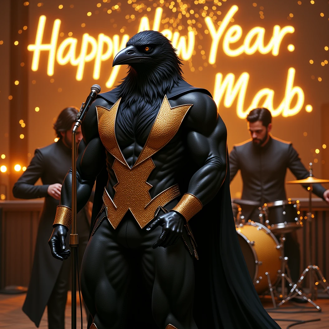 Muscular Anthropomorphic raven donned in a black and gold suit made of diamonds. Lead singer of the band at a high end jazz club, with the emblem of a diamond-made clam that reads "The Pearl". Sings in to the microphone while the band plays. The band, set up on the open air patio stage behind the club. Golden fireworks burst in the air behind the band spelling "Happy New Year MAB". Dynamic jazz band scene, dynamic pose, High Resolution, Masterpiece, Cinematic, Character Design, Hyperdetailed, Cinematography,  cinematic lighting, Depth Of Field, Sparkle, Ray Tracing, Image Fill