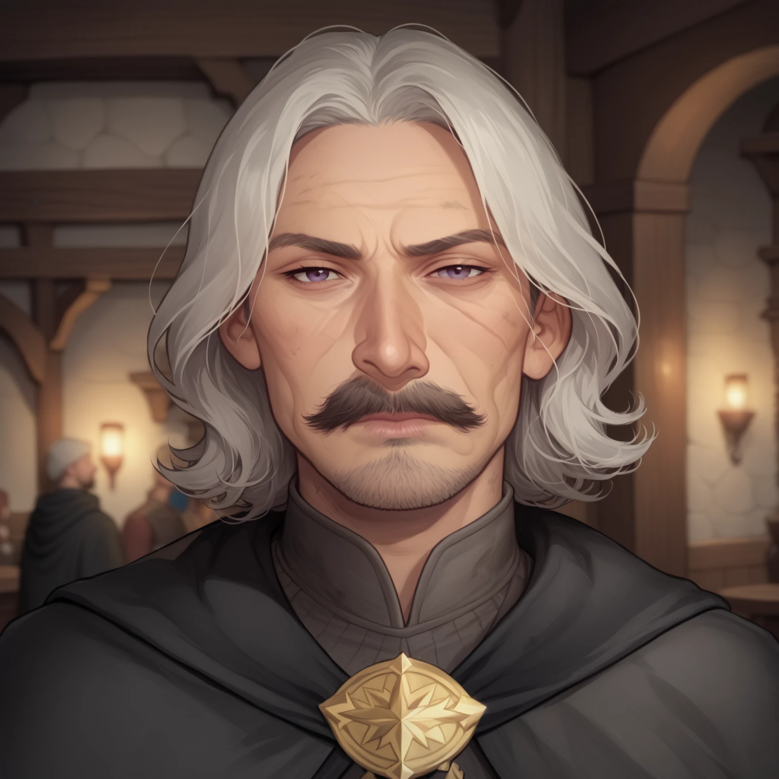 (((beautiful, high quality, comics style, detailed face))), score_9, score_8_up, score_7_up, BREAK, human, old, mature man, 55yo, (large nose, aquiline), wrinkles, european appearance, mustache, beard, medium hair, straight hair, mage, dirty robes, mage robes, black cloak, solo:1.4, portrait, upper body, portrait, looking at the viewer, front view, serious face, tired look, tavern, fantasy, blurred background, (dynamic lighting:1.1) ((masterpiece)), Expressiveh, detailx