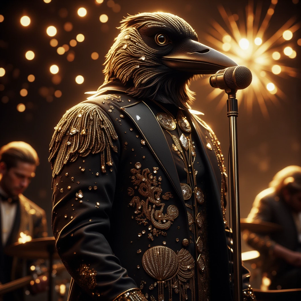 Muscular Anthropomorphic raven donned in a black and gold suit made of diamonds. Lead singer of the band at a high end jazz club, with the emblem of a diamond-made clam that reads "The Pearl". Sings in to the microphone while the band plays. The band, set up on the open air patio stage behind the club. Golden fireworks burst in the air behind the band spelling "Happy New Year MAB". Dynamic jazz band scene, dynamic pose, High Resolution, Masterpiece, Cinematic, Character Design, Hyperdetailed, Cinematography,  cinematic lighting, Depth Of Field, Sparkle, Ray Tracing, Image Fill