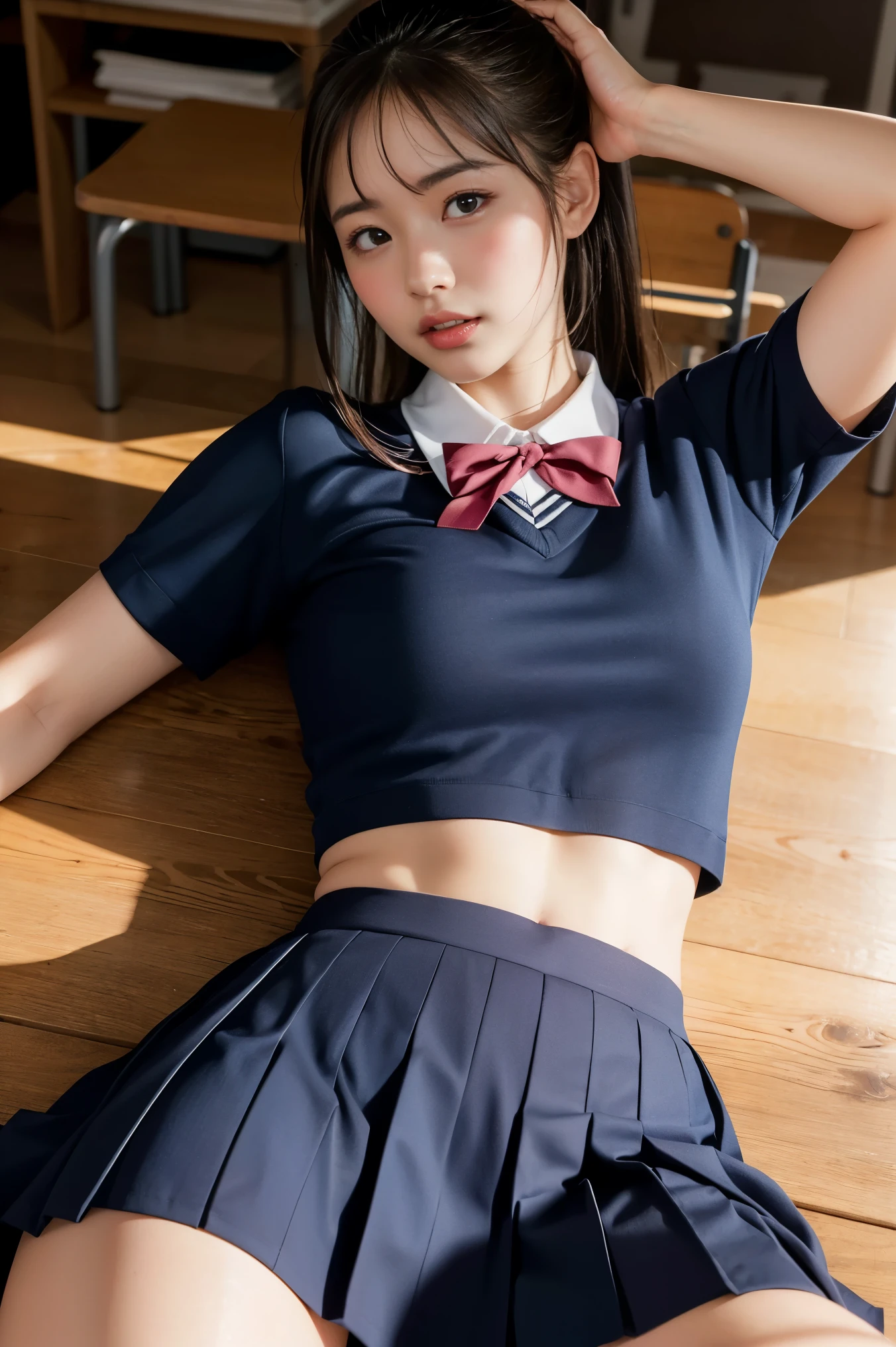 beautiful detailed eyes, beautiful detailed lips, extremely detailed face and hair, High ponytail, long eyelashes, soft light, warm lighting, perfect face, porcelain skin, golden hour lighting, (best quality,4k,8k,highres,masterpiece:1.2),ultra-detailed,(realistic,photorealistic,photo-realistic:1.37),classroom, wooden floor,( lying, on back:1.2),arms up, kneehighs, Navy blue Pleated Skirt, red bow, school uniform, (embarrassed,blush:1.3),cowboy shot,spread legs, midriff peek