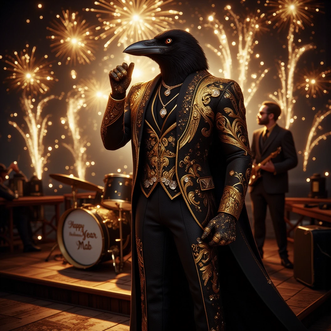 Muscular Anthropomorphic raven donned in a black and gold suit made of diamonds. Lead singer of the band at a high end jazz club, with the emblem of a diamond-made clam that reads "The Pearl". Sings in to the microphone while the band plays. The band, set up on the open air patio stage behind the club. Golden fireworks burst in the air behind the band spelling "Happy New Year MAB". Dynamic jazz band scene, dynamic pose, High Resolution, Masterpiece, Cinematic, Character Design, Hyperdetailed, Cinematography,  cinematic lighting, Depth Of Field, Sparkle, Ray Tracing, Image Fill