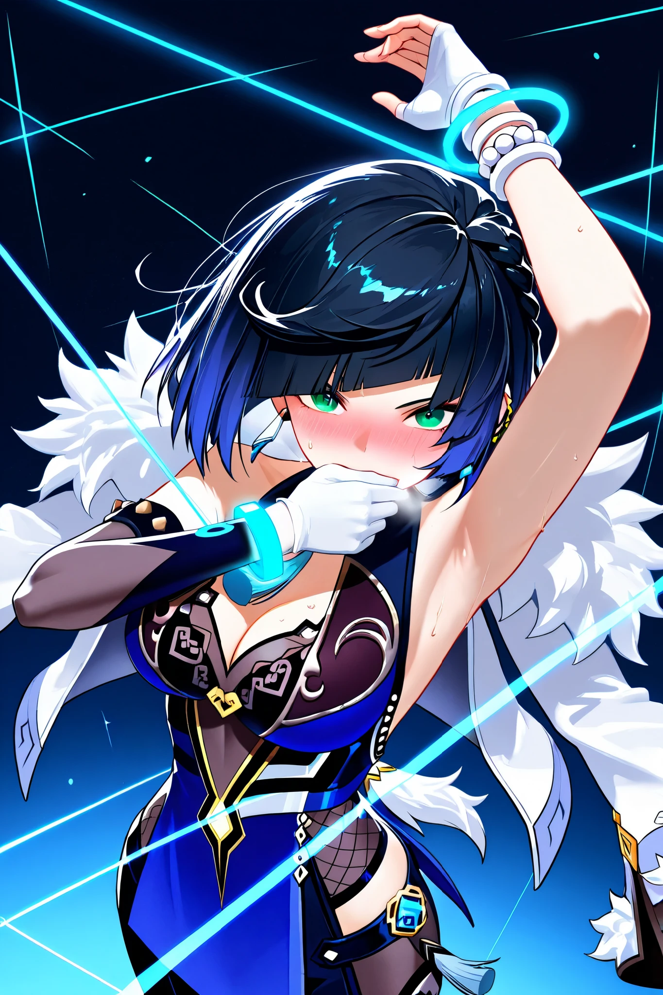 Yelan, special attacks, glowing threads are all over the place.((Raise your arm to launch a special attack))、armpit .Twist your body、black hair, blue hair, eyebrows hidden by hair, green eyes, multicolored hair, short hair,cowboy shot、dutch angle,Dynamic composition, active angles, action,eyesHD, high gradient eyes,detailed eyes,hand, PERFECT HAND、
high definition eyes、 close your mouth、 slightly blushing、serious、sweat、anxiety、 shortness of breath、Fatigue、