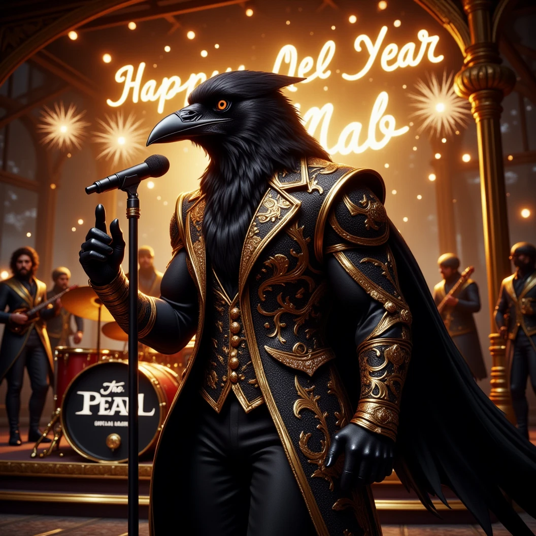 Muscular Anthropomorphic raven donned in a black and gold suit made of diamonds. Lead singer of the band at a high end jazz club, with the emblem of a diamond-made clam that reads "The Pearl". Sings in to the microphone while the band plays. The band, set up on the open air patio stage behind the club. Golden fireworks burst in the air behind the band spelling "Happy New Year MAB". Dynamic jazz band scene, dynamic pose, High Resolution, Masterpiece, Cinematic, Character Design, Hyperdetailed, Cinematography,  cinematic lighting, Depth Of Field, Sparkle, Ray Tracing, Image Fill