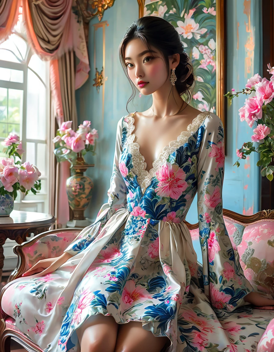 (Top quality color photo of a mysterious beautiful woman wearing floral clothes on the cover of a fashion magazine, haute couture fashion shoot:1.2),(extremely delicate and beautiful work:1.2), Elegant Pose, glamorous fashion pose, Simple background, Art Nouveau, focus on art nouveau suit, Floral Couture, clothes made of flowers, Luxury Fashion,(she is the embodiment of beauty and charm, Her clothes are as soft and light as air., elegant and sophisticated fashion),Black hair, Detailed face, Looking at Viewer, Detailed eyes, Black eyes, Lustrous lips ,cleavage, gentle and mysterious expression, High color saturation, surrealism , (Best Quality, masutepiece, ultra-detailliert, 超A high resolution, Photorealistic, Raw photo, absurderes, absolutely resolution:1.4),