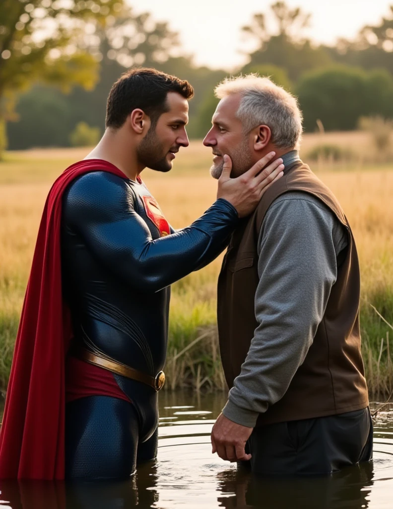 1980s,gay, 2men, bara, photo realistic, Batman, wearing only a mask and white briefs, and his hairy body, kisses the slim, muscular tall old man Alfred with his tongue and hugs him tightly, in the shower room.35mm film,boke,Pale image quality