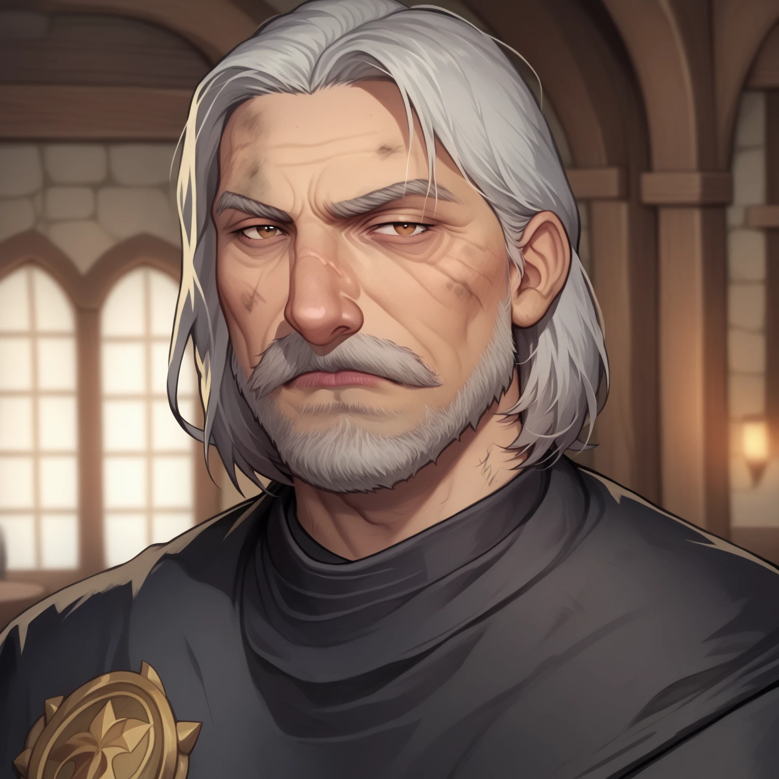 (((beautiful, high quality, comics style, detailed face))), score_9, score_8_up, score_7_up, BREAK, human, old, mature man, 55yo, (large nose, aquiline), wrinkles, european appearance, mustache, beard, medium hair, straight hair, mage, dirty robes, mage robes, black cloak, solo:1.4, portrait, upper body, portrait, looking at the viewer, front view, serious face, tired look, tavern, fantasy, blurred background, (dynamic lighting:1.1) ((masterpiece)), Expressiveh, detailx