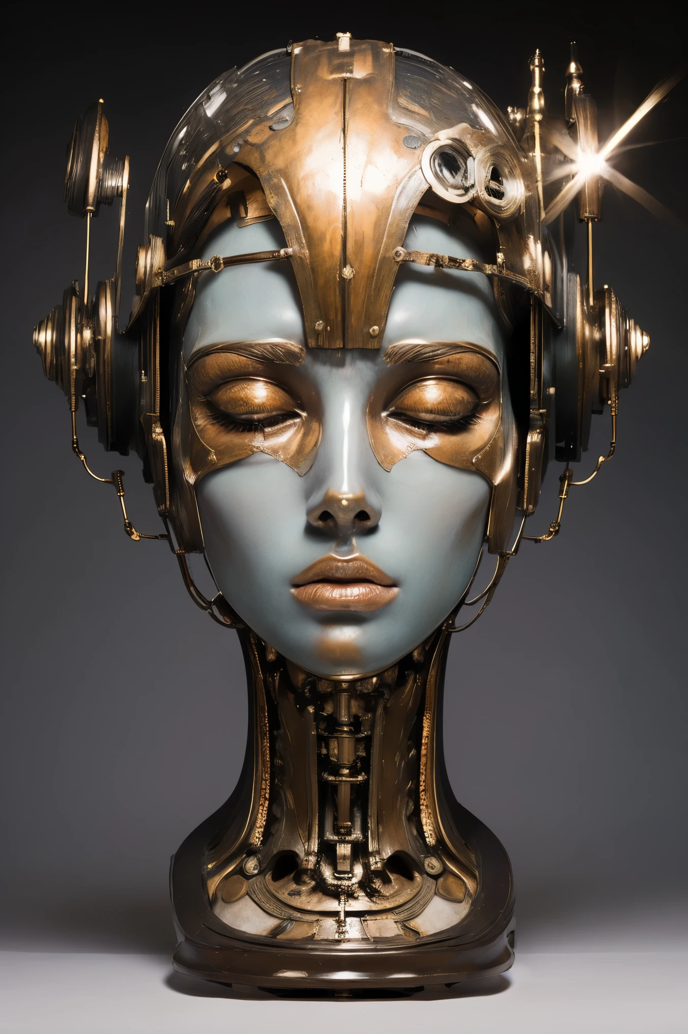 (masterpeace), ((super real photography: 1.5)), ((photo realistic: 1.3)), (real photo), 
young girl with a lot of flowers, ((A young girl robot: 1.5)),  (bust statue: 1.3), 
BREAK
headgear, ((real metalic skin)), ((beautiful face: 1.5)), ((Super cute: 1.5)), ((babyface: 1.5)), ((well-balanced face)), (close eyes: 1.3)), longeyelashes, stunning big eyes, luscious glossy lips, ((blunt bangs: 1.5)), (long hair), 
BREAK
(slender body: 1.3), petite bust, flower bloom, (flowers: 1.5),
BREAK
High-Mechanic body, octane rendering, Super Detailed machine, ((connected electric cables)), 
BREAK
(simple background: 1.3), ((bust shot: 1.3)), cinema quality, professional photograph, (photo studio: 1.5), (Bright Light: 1.2), Eye-Level Shot, wide lens, (fujifilm 35mm), (film photo), RAW, Excessive Embellishment, UHD, 
BREAK
anatomically correct, textured skin, best quality, 8k