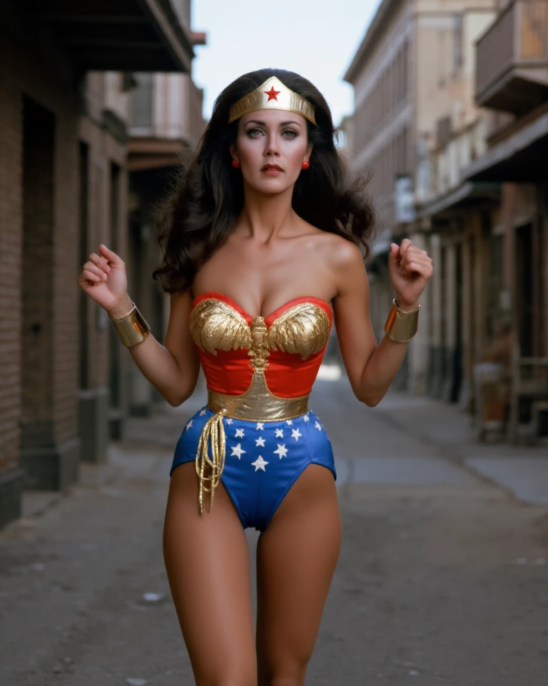  A gorgeous Wonder Woman in tight red and blue,  long, dark hair ,  Beautiful and Detailed Eyes ,  Striking facial features , The physique of a sexy beauty queen, White Skin ,The expression is romantic and sexy, confident  Powerful  posture,  in an impressive motion position , Dynamic Lighting,  Dramatic cinematic scenes ,  digital painting , Complex and detailed rendering ,  ultra-realistic, 8K, vibrant colors,  Dramatic shadows ,  Movie Lights , heroic,  Powerful , Awesome , The background is an old street in an abandoned town in the 1920s ,