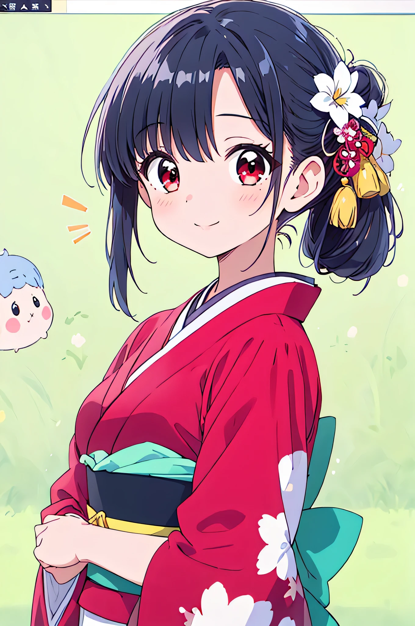 1 girl , Shiny Black Hair , long straight hair ,
cheek bulge for intermediates,
red eyes,( Oblique eyes :1.1),( I have a big bruise under my left eye:0.8),
A perfect smile,
Japanese kimono ,
medium breasts ,
(:1.1),
Plain simple background,
top quality, High Definition , holding a whiteboard at chest height , masterpiece , brightly colored , Natural Look ,
Accurate, Anatomically Accurate,