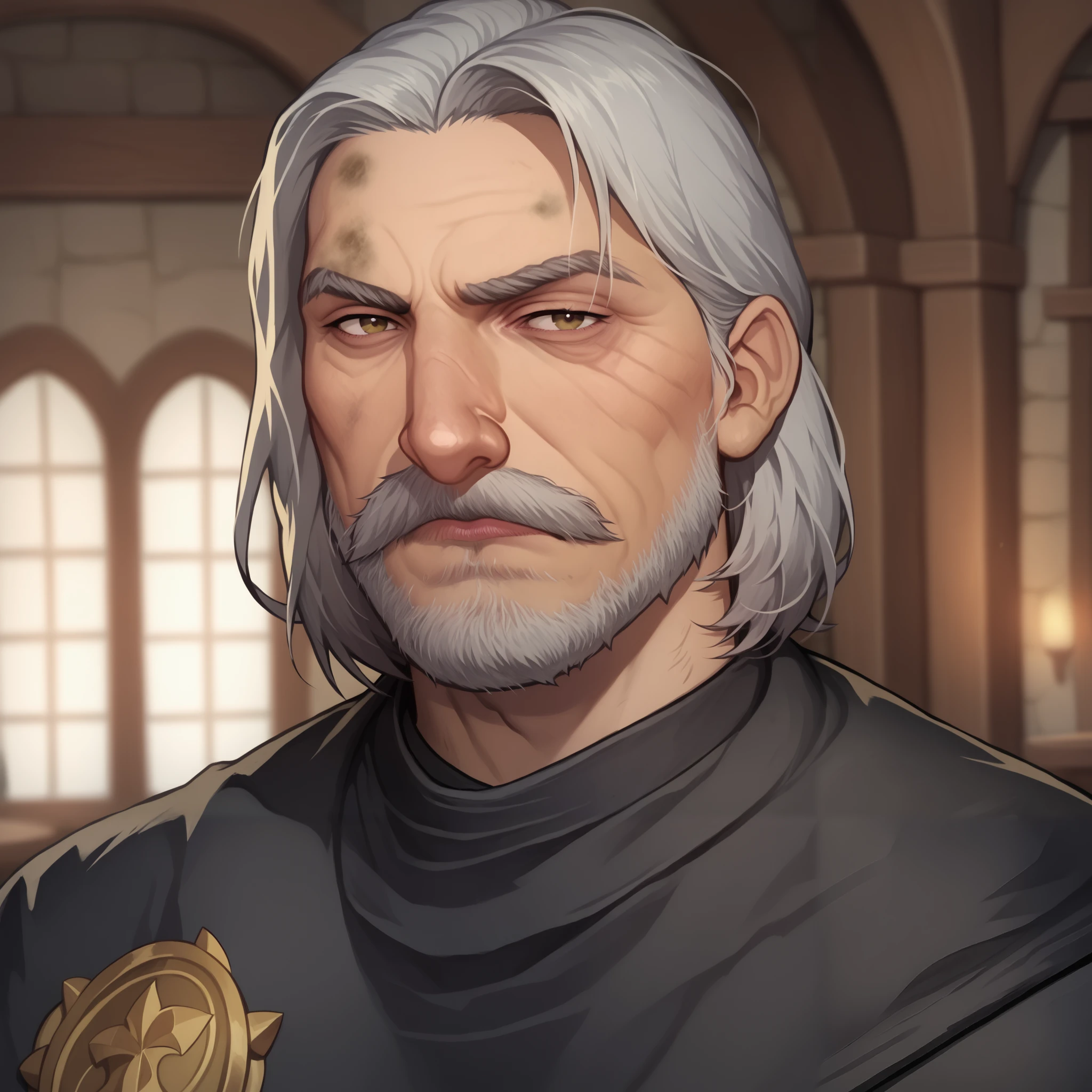 (((beautiful, high quality, comics style, detailed face))), score_9, score_8_up, score_7_up, BREAK, human, old, mature man, 55yo, (large nose, aquiline), wrinkles, european appearance, mustache, beard, medium hair, straight hair, mage, dirty robes, mage robes, black cloak, solo:1.4, portrait, upper body, portrait, looking at the viewer, front view, serious face, tired look, tavern, fantasy, blurred background, (dynamic lighting:1.1) ((masterpiece)), Expressiveh, detailx