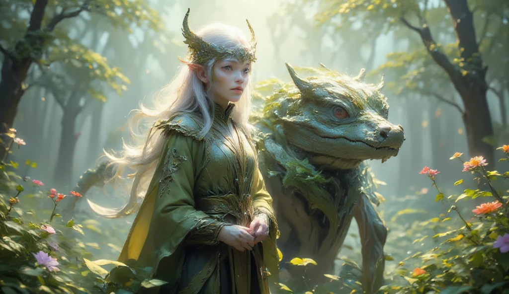 (best quality, 128k,highres,masterpiece:1.2),ultra-detailed,(realistic,photorealistic,photo-realistic:1.37), ((masterpiece)) ((photography)) ((Highest quality)) A mystical elf with long white hair adorned with leafy vines, wearing intricate green robes decorated with nature-themed patterns. She stands confidently beside a reptilian creature resembling a crocodile, which is also covered in lush greenery. The background features a soft, dreamy landscape filled with colorful wildflowers and a misty atmosphere, enhancing the enchanting and whimsical vibe of the scene.