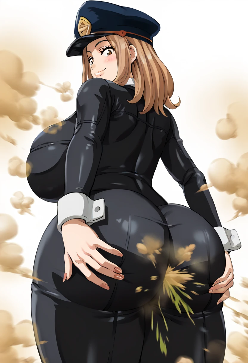 cowboy shot, solo, showing ass, [[[((thicc))]]], 1ponygirl, 4k, perfect lighting, extreme detail, detailed, sexy, anime girl, fat ass, tall female, blank white background, ((from behind)), ass, huge breasts, (((1girl))), (((solo))), (((curvy))), blushing, smirking, 1girl, source_anime,
c4mie utsush1mi, brown hair, medium hair, brown eyes
peaked cap, black bodysuit, wrist cuffs, holding up ass cheeks with both hands (((view from below))), leaning over, presenting ass, ((((rancid huge brown fart from ass))))