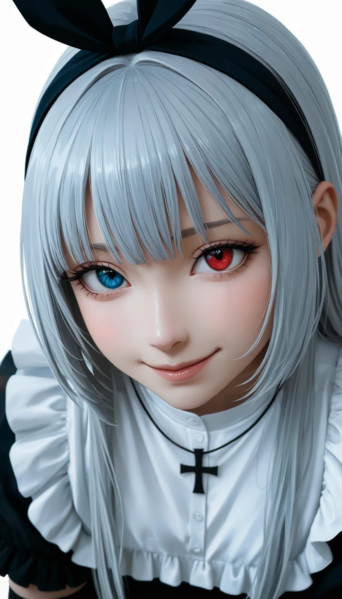 (masterpiece, best quality), best score, best anatomy, ultra deitailed, amazing quality, very aesthetic, realistic:1.4 absurdres, highres, 2024, newest, HDR, 8K, high detail RAW color art, high contrast, portrait, close up, large pupil, eyelashes, shiny skin, smile, ValentineTS, long hair, grey hair, heterochromia, red eyes, blue eyes, black hairband, hair ribbon, black ribbon, frilled dress, black dress, puffy short sleeves, white shirt, cross necklace, arm warmers, black pantyhose, , ((minimalist white background)), model magazine 