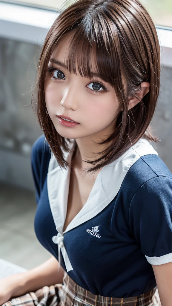 (best quality), high resolution,Asuka Langley Soryu, Beautiful Pretty Mixed German Babe, (Beautiful face), sexy lips, Auburn Twin Tails Ribbon Red Long Hair, (from above:1.5),(close up:1.5), self photography, long white shirt, blue jacket, red plaid skirt, intense gaze, dark blue detailed beautiful eyes, (dynamic pose), combine realism and anime influence, fashion pose, paris street