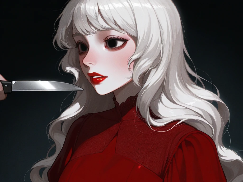 oc, Homicipher, female, semi realism, white sking, red lips, white long wavy hair, dark eyes, red dress, horror, knife