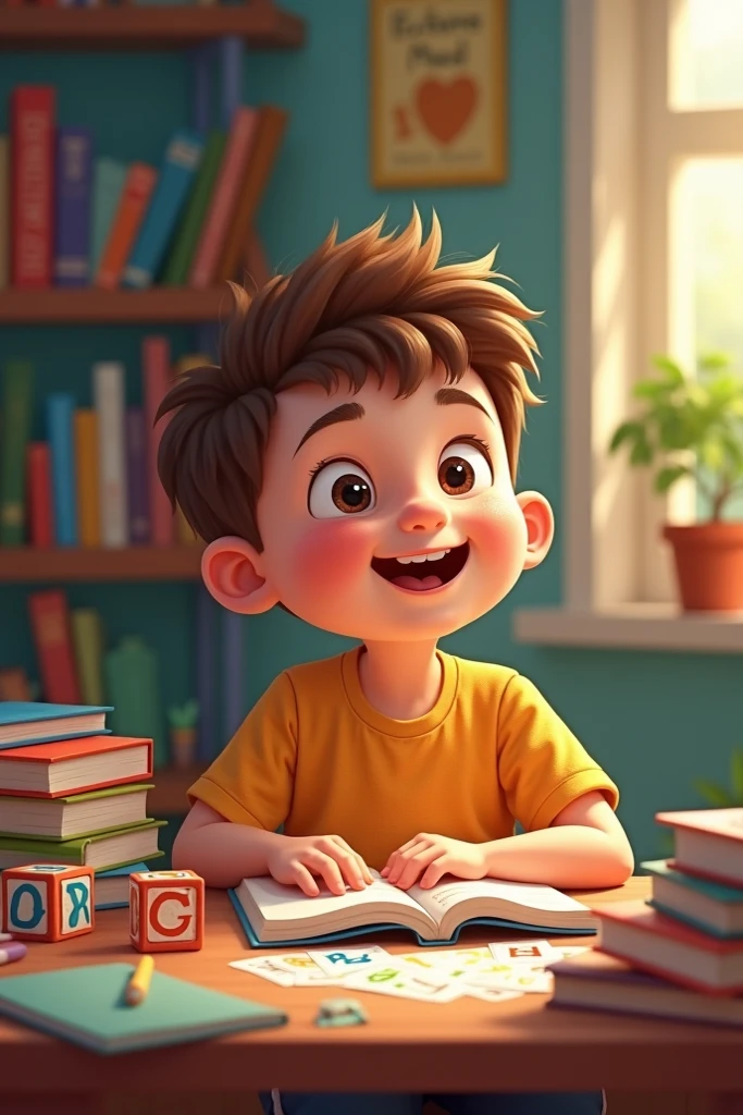 ছেলে খাতা নিয়ে হাসিমুখে বসে আছে,