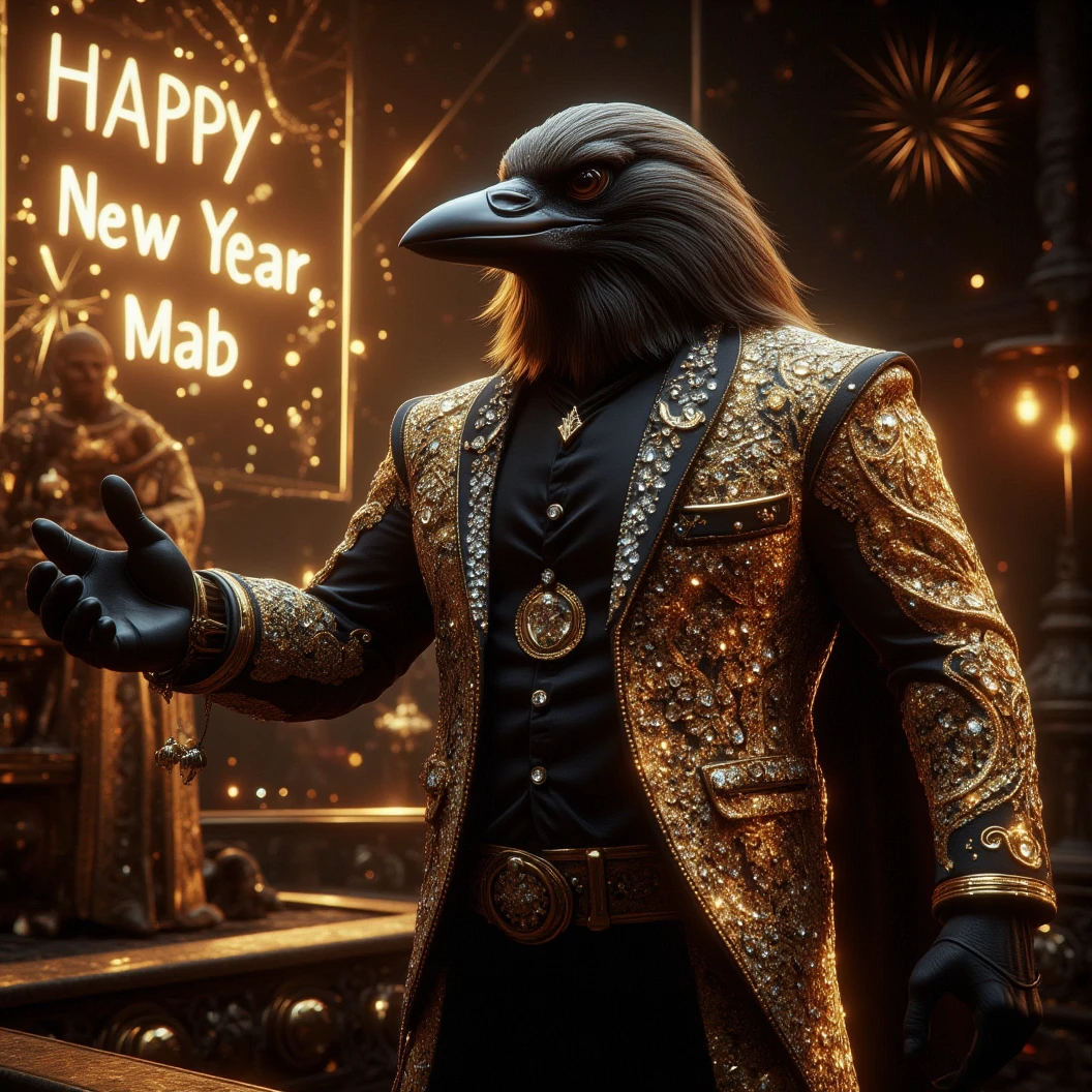 Muscular Anthropomorphic raven donned in a black and gold suit made of diamonds. Lead singer of the band at a high end jazz club, with the emblem of a diamond-made clam that reads "The Pearl". Sings in to the microphone while the band plays. The band, set up on the open air patio stage behind the club. Golden fireworks burst in the air behind the band spelling "Happy New Year MAB". Dynamic jazz band scene, dynamic pose, High Resolution, Masterpiece, Cinematic, Character Design, Hyperdetailed, Cinematography,  cinematic lighting, Depth Of Field, Sparkle, Ray Tracing, Image Fill