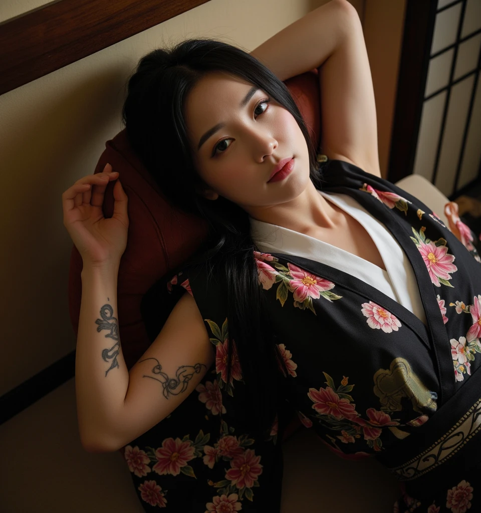 Hyper-detailed photorealistic image of a young Korean woman with short black hair, ponytail, having a full skin tattoo futuristic red-blue-black pattern Yakuza tattoo, yukata pants, sitting on an old-fashioned Japanese style wooden floor, with a cynical, hateful, angry face. is a beautiful woman.ultra HD