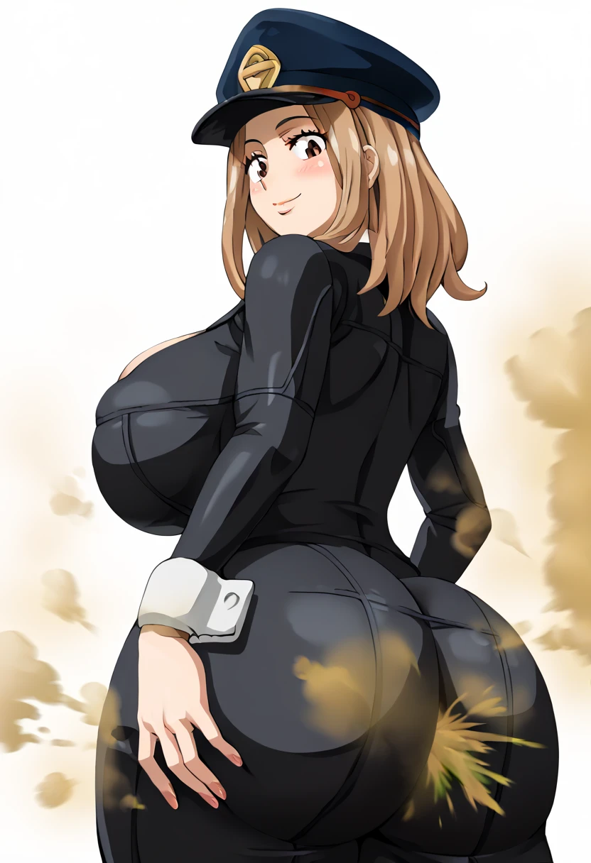 cowboy shot, solo, showing ass, [[[((thicc))]]], 1ponygirl, 4k, perfect lighting, extreme detail, detailed, sexy, anime girl, fat ass, tall female, blank white background, ((from behind)), ass, huge breasts, (((1girl))), (((solo))), (((curvy))), blushing, smirking, 1girl, source_anime,
c4mie utsush1mi, brown hair, medium hair, brown eyes
peaked cap, black bodysuit, wrist cuffs, holding up ass cheeks with both hands (view from below), leaning over, presenting ass, ((((rancid huge brown fart from ass))))