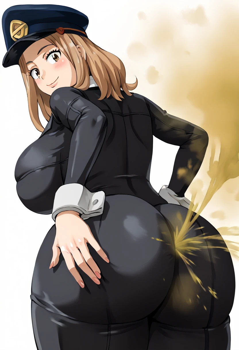 cowboy shot, solo, showing ass, [[[((thicc))]]], 1ponygirl, 4k, perfect lighting, extreme detail, detailed, sexy, anime girl, fat ass, tall female, blank white background, ((from behind)), ass, huge breasts, (((1girl))), (((solo))), (((curvy))), blushing, smirking, 1girl, source_anime,
c4mie utsush1mi, brown hair, medium hair, brown eyes
peaked cap, black bodysuit, wrist cuffs, holding up ass cheeks with both hands (view from below), leaning over, presenting ass, ((((rancid huge brown fart from ass))))