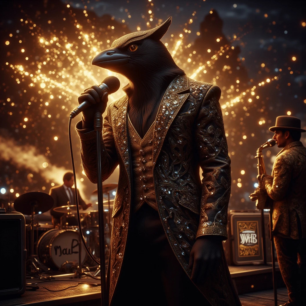 Muscular Anthropomorphic raven donned in a black and gold suit made of diamonds. Lead singer of the band at a high end jazz club, with the emblem of a diamond-made clam that reads "The Pearl". Sings in to the microphone while the band plays. The band, set up on the open air patio stage behind the club. Golden fireworks burst in the air behind the band spelling "Happy New Year MAB". Dynamic jazz band scene, dynamic pose, High Resolution, Masterpiece, Cinematic, Character Design, Hyperdetailed, Cinematography,  cinematic lighting, Depth Of Field, Sparkle, Ray Tracing, Image Fill