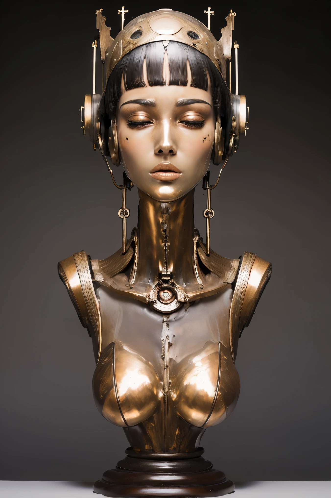 (masterpeace), ((super real photography: 1.5)), ((photo realistic: 1.3)), (real photo), 
young girl with a lot of flowers, ((A young girl robot: 1.5)),  (bust statue: 1.3), 
BREAK
headgear, ((real metalic skin)), ((beautiful face: 1.5)), ((Super cute: 1.5)), ((babyface: 1.5)), ((well-balanced face)), (close eyes: 1.3)), longeyelashes, stunning big eyes, luscious glossy lips, ((blunt bangs: 1.5)), (long hair), 
BREAK
(slender body: 1.3), petite bust, flower bloom, (flowers: 1.5),
BREAK
High-Mechanic body, octane rendering, Super Detailed machine, ((connected electric cables)), 
BREAK
(simple background: 1.3), ((bust shot: 1.3)), cinema quality, professional photograph, (photo studio: 1.5), (Bright Light: 1.2), Eye-Level Shot, wide lens, (fujifilm 35mm), (film photo), RAW, Excessive Embellishment, UHD, 
BREAK
anatomically correct, textured skin, best quality, 8k