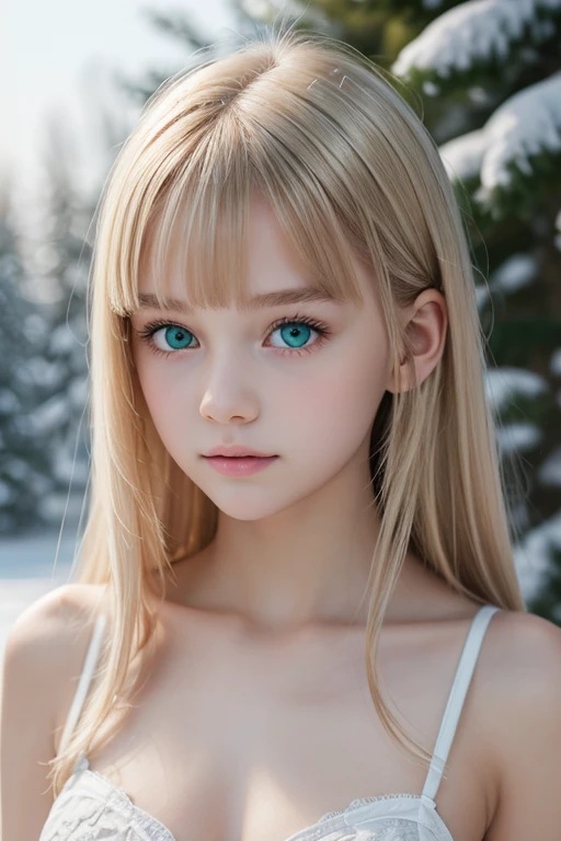 masterpiece.8k.Realstic.detailed.bestquality.ultra-detailed face.cuteeyes.12yearoldgirl. Smooth skin 、 clear outline、Snow Scene、 white skin、 white lace panty 、 blonde straight hair、(bangs)、 emerald green eyes、 white girl 、 beautiful girls、fullbody.