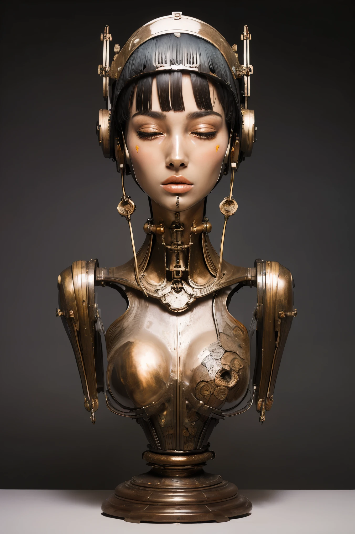 (masterpeace), ((super real photography: 1.5)), ((photo realistic: 1.3)), (real photo), 
young girl with a lot of flowers, ((A young girl robot: 1.5)),  (bust statue: 1.3), 
BREAK
headgear, ((real metalic skin)), ((beautiful face: 1.5)), ((Super cute: 1.5)), ((babyface: 1.5)), ((well-balanced face)), (close eyes: 1.3)), longeyelashes, stunning big eyes, luscious glossy lips, ((blunt bangs: 1.5)), (long hair), 
BREAK
(slender body: 1.3), petite bust, flower bloom, (flowers: 1.5),
BREAK
High-Mechanic body, octane rendering, Super Detailed machine, ((connected electric cables)), 
BREAK
(simple background: 1.3), ((bust shot: 1.3)), cinema quality, professional photograph, (photo studio: 1.5), (Bright Light: 1.2), Eye-Level Shot, wide lens, (fujifilm 35mm), (film photo), RAW, Excessive Embellishment, UHD, 
BREAK
anatomically correct, textured skin, best quality, 8k