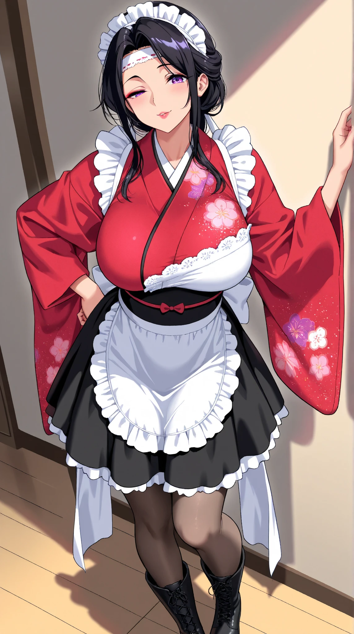 Highest quality, masterpiece, High resolution, alone, {Mount Hiei_Fleet Collection:1.15}, オレンジ色hair, hairband, headgear, Non-traditional_Shrine maiden, smile, green_eye, Inverted up_hair, smile, One Girl, dependent_sleeve, green_skirt, Plaid, Plaid_skirt, ribbon-trimmed_sleeve, ribbon_trim, skirt, Office Background, 