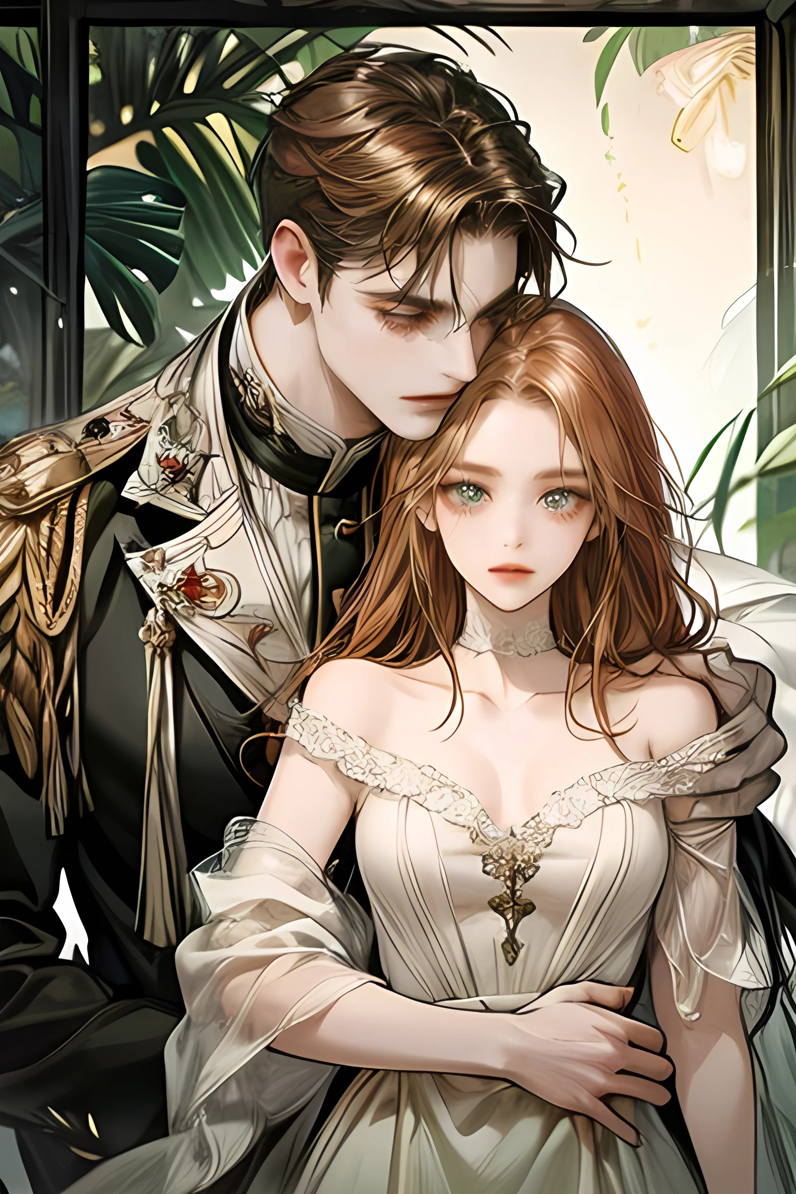 2 men and women, A man is hugging, A man is hugging a woman, A man is holding a woman,The woman has blond hair, The man has black hair, Women have long hair , Men have short hair , 남자는 Red eyed 입니다, 여자는 GREEN EYES 입니다, One is a man dressed in black:Red eyed , One is a long-haired woman: GREEN EYES , Exactly similar, casual style, Clergy clothing, Auburn hair, sharp impression , less physical exposure , masterpiece, High quality