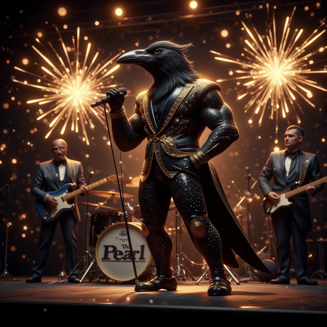 Muscular Anthropomorphic raven donned in a black and gold suit made of diamonds. Lead singer of the band at a high end jazz club, with the emblem of a diamond-made clam that reads "The Pearl". Sings in to the microphone while the band plays. The band, set up on the open air patio stage behind the club. Golden fireworks burst in the air behind the band spelling "Happy New Year MAB". Dynamic jazz band scene, dynamic pose, High Resolution, Masterpiece, Cinematic, Character Design, Hyperdetailed, Cinematography,  cinematic lighting, Depth Of Field, Sparkle, Ray Tracing, Image Fill