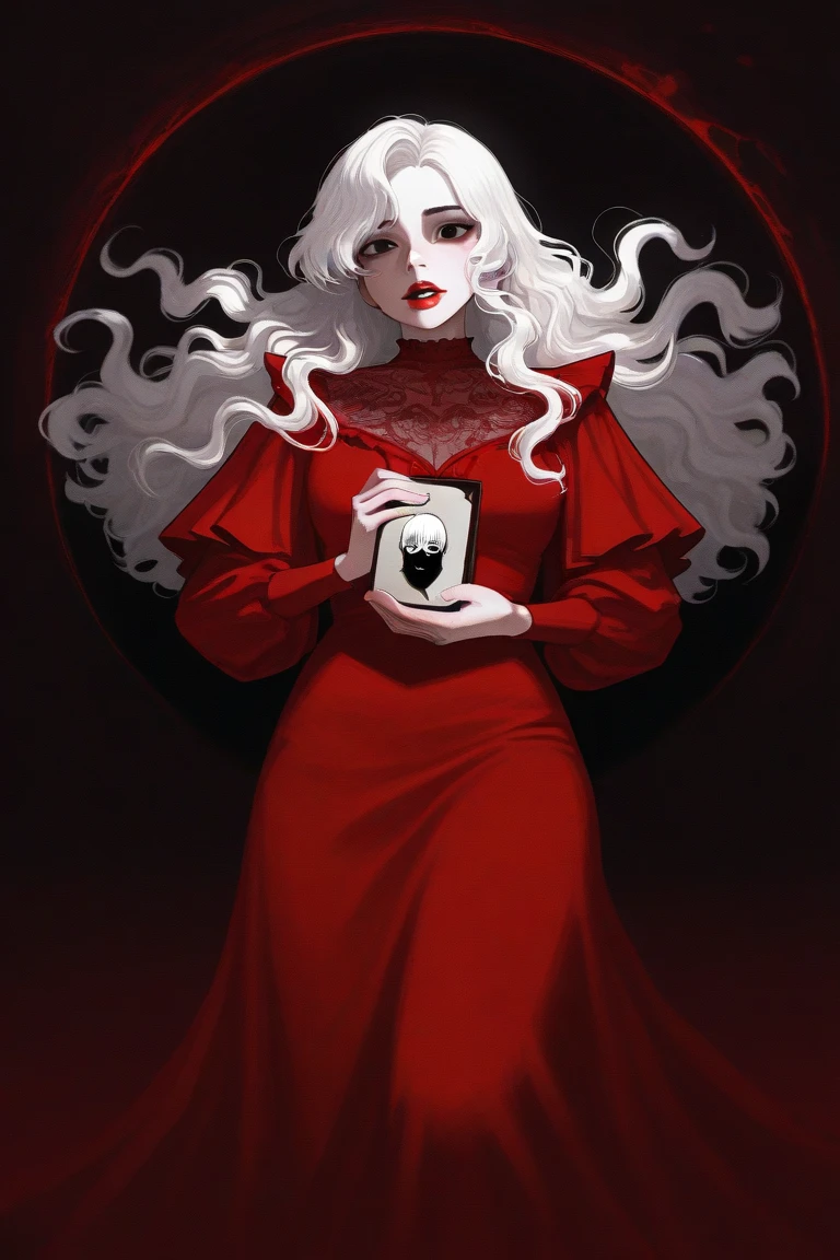 oc, Homicipher, female, semi realism, white sking, red lips, white long wavy hair, dark eyes, red dress, horror, red embrella on the ground