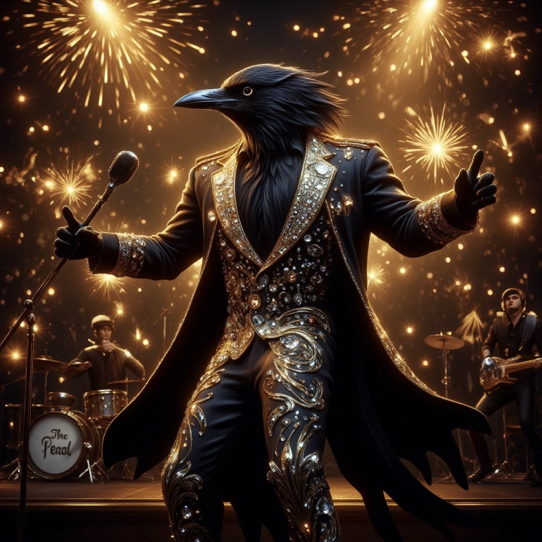 Muscular Anthropomorphic raven donned in a black and gold suit made of diamonds. Lead singer of the band at a high end jazz club, with the emblem of a diamond-made clam that reads "The Pearl". Sings in to the microphone while the band plays. The band, set up on the open air patio stage behind the club. Golden fireworks burst in the air behind the band spelling "Happy New Year MAB". Dynamic jazz band scene, dynamic pose, High Resolution, Masterpiece, Cinematic, Character Design, Hyperdetailed, Cinematography,  cinematic lighting, Depth Of Field, Sparkle, Ray Tracing, Image Fill