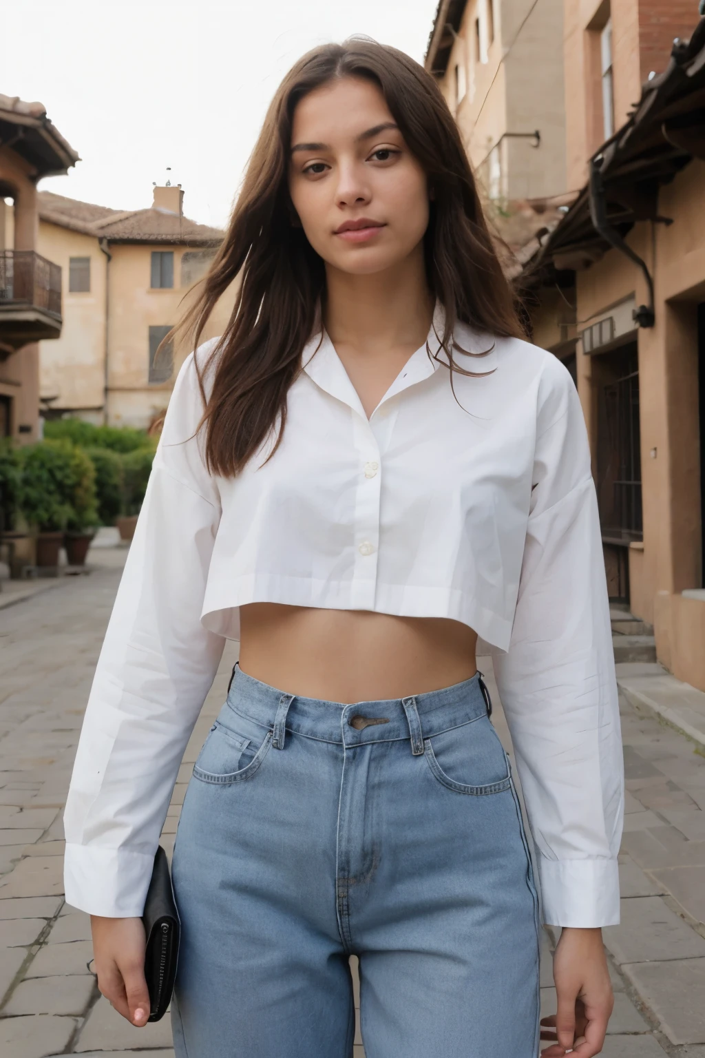 ((best quality)), ((master part)), (circunstanciado),
foto extremamente detalhada
rosto perfeito
morena com pele mais clara com olhos castanhos claros, She is wearing a white blouse and jeans, a clean face, walking down the street holding a bag