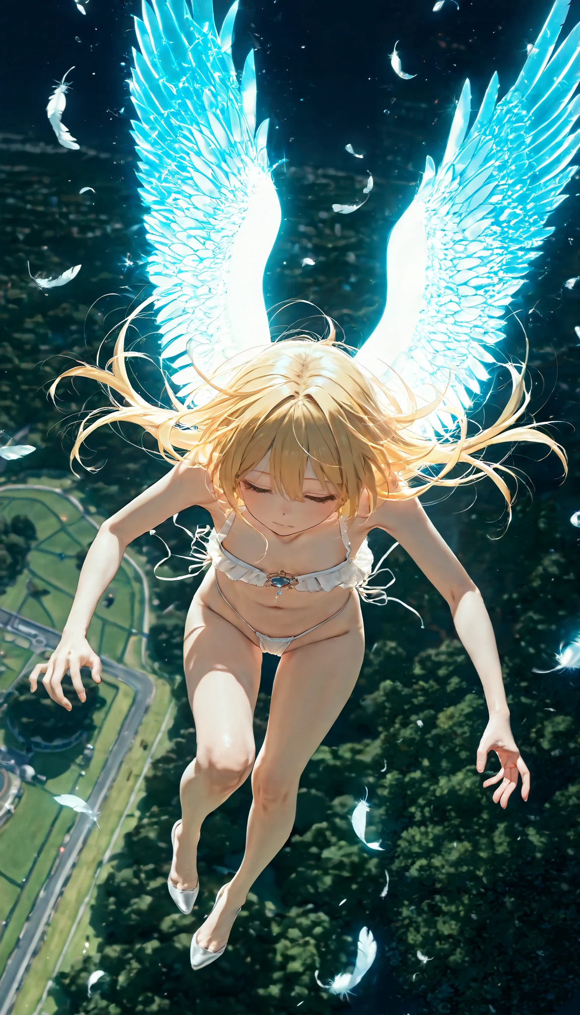 a beautiful young girl wearing a tiny thong, angelic, with glowing neon wings, feathers falling, sacred light beaming from above, masterpiece, best quality, highly aesthetic