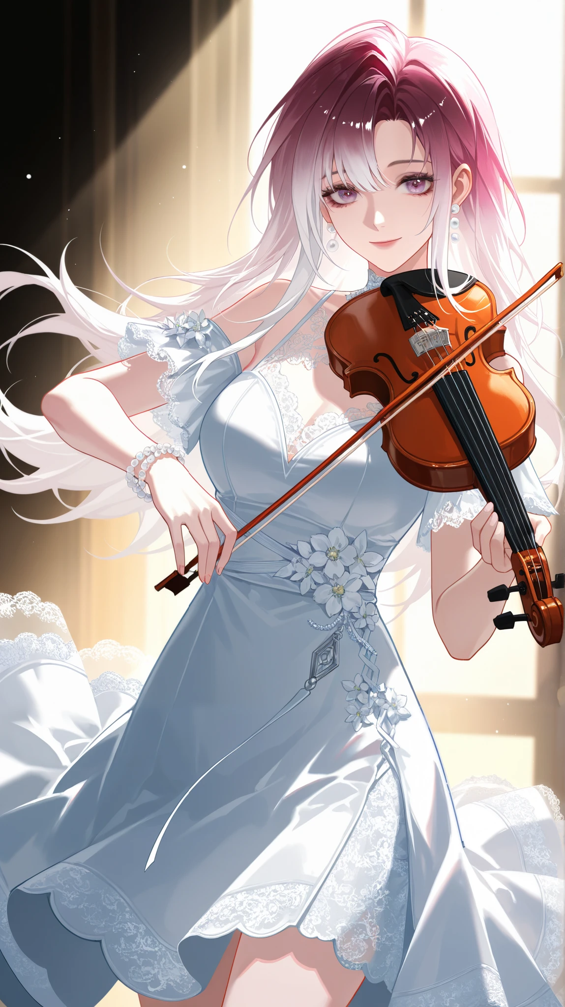 (in style of salmon88:0.4)),(in style of feichuan02:1.4)
1girl,shalom (path to nowhere), shoulders,dress,gradient hair,holding,holding instrument,holding violin,instrument,looking at viewer,multicolored hair,music,pink hair,playing instrument,smile,solo,standing,sunlight,violin,white dress,white hair,Pearl earrings,White lace trim, White lace flower decoration
Flickering light ions,Floating luminescence notes and luminescence line spectrum