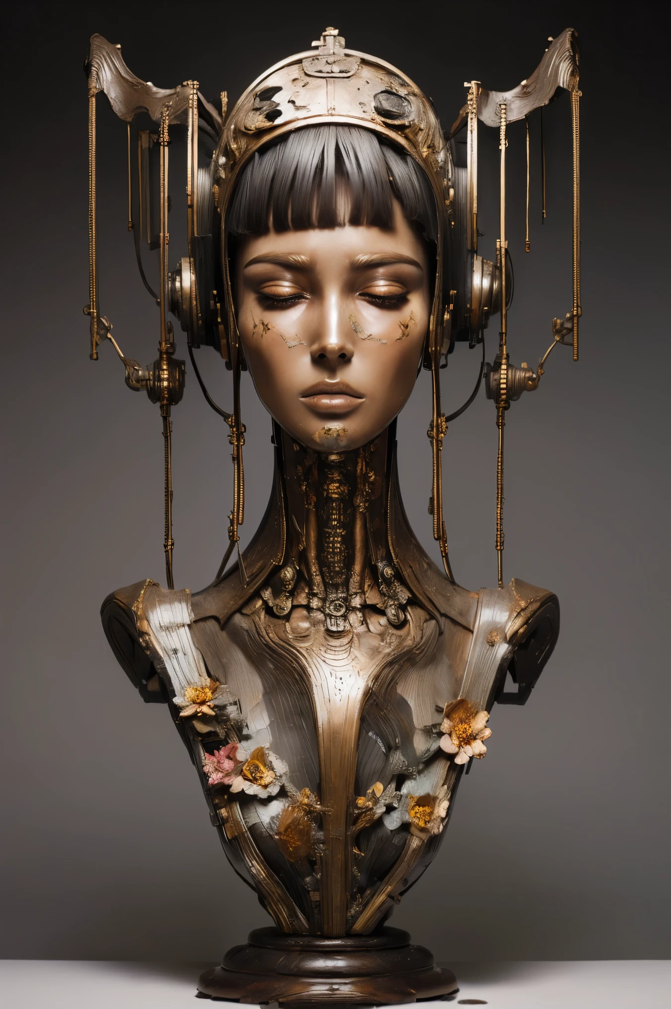 (masterpeace), ((super real photography: 1.5)), ((photo realistic: 1.3)), (real photo), 
young girl with a lot of flowers, ((A young girl robot: 1.5)),  (bust statue: 1.3), 
BREAK
headgear, ((real metalic skin)), ((beautiful face: 1.5)), ((Super cute: 1.5)), ((babyface: 1.5)), ((well-balanced face)), (close eyes: 1.3)), longeyelashes, stunning big eyes, luscious glossy lips, ((blunt bangs: 1.5)), (long hair), 
BREAK
(slender body: 1.3), petite bust, flower bloom, (flowers: 1.5),
BREAK
High-Mechanic body, octane rendering, Super Detailed machine, ((connected electric cables)), 
BREAK
(simple background: 1.3), ((bust shot: 1.3)), cinema quality, professional photograph, (photo studio: 1.5), (Bright Light: 1.2), Eye-Level Shot, wide lens, (fujifilm 35mm), (film photo), RAW, Excessive Embellishment, UHD, 
BREAK
anatomically correct, textured skin, best quality, 8k