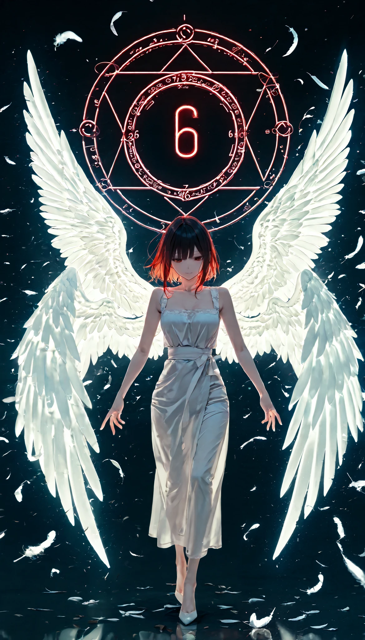 a beautiful detailed girl with angel wings, open wings, falling feathers, neon light wings, fire circle, super high quality, extremely aesthetically pleasing, masterpiece,numero( 666)